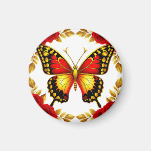 Imán Mariposa Dorada Elegante Rosa Diseño Floral de Luj
