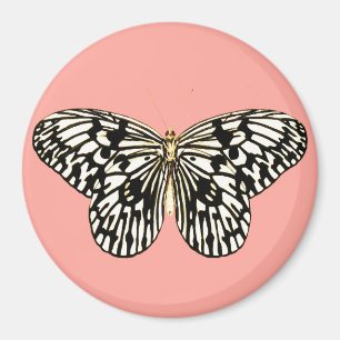 Imán Mariposa negra y blanca, fondo rosa de coral