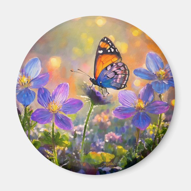 Imán Mariposa Pequeña Sobre Flores Silvestres al Amanec (Frente)