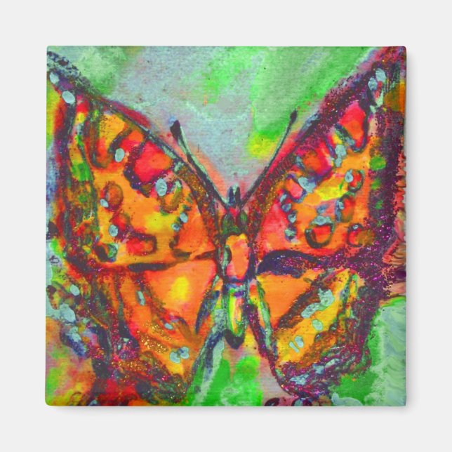 IMÁN MARIPOSA ROJA EN DERRAMES DE ORO VERDE AZUL (Frente)