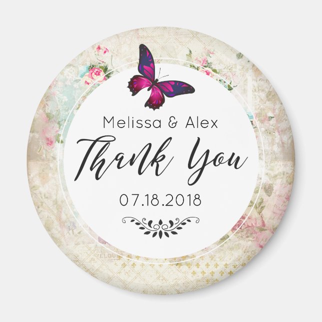 Imán Mariposa Rosa y Rosas Vintage Desgastadas Boda (Frente)