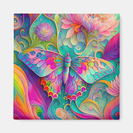Imán Mariposa y flores psicodélicas coloridas