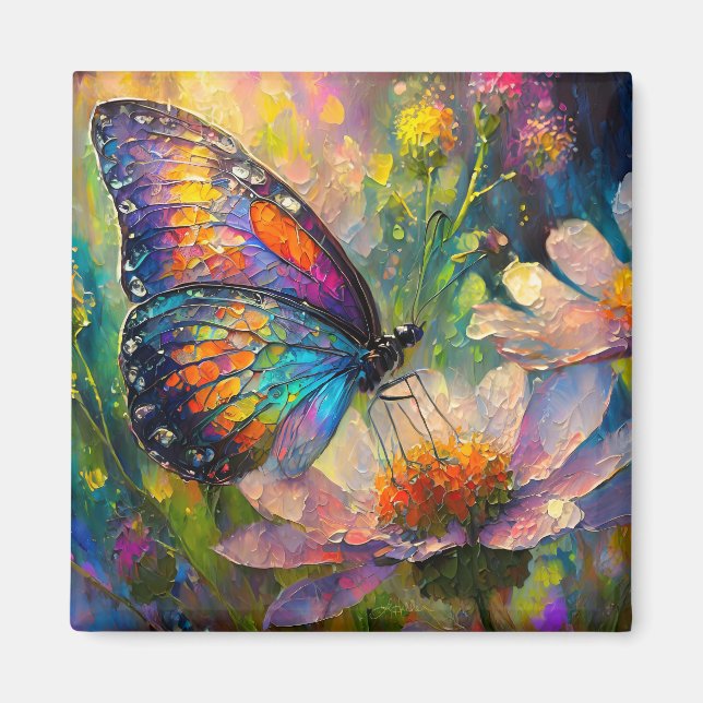 Imán Mariposa y flores silvestres coloridas al amanecer (Frente)