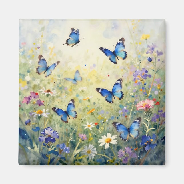 Imán Mariposas Azules Acuarela Prado de Flores Silvestr (Frente)