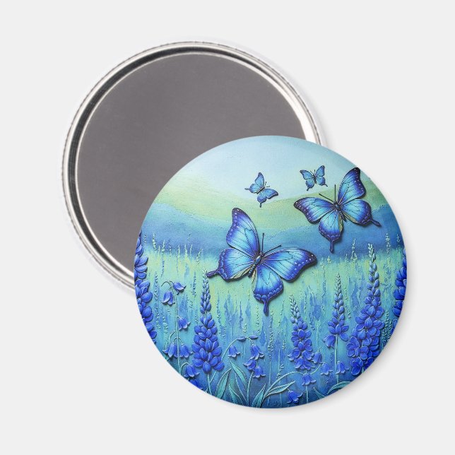 Imán Mariposas Azules con Flores Azules, (Anverso/Reverso)