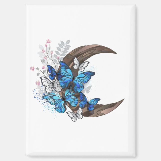Imán Mariposas azules en creciente de madera (Anverso)
