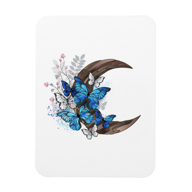 Imán Mariposas azules sobre la media luna de madera (Vertical)