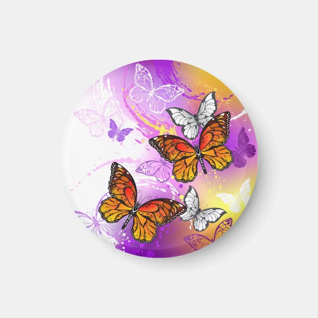 Imán Mariposas monarcas en fondo morado (Frente)