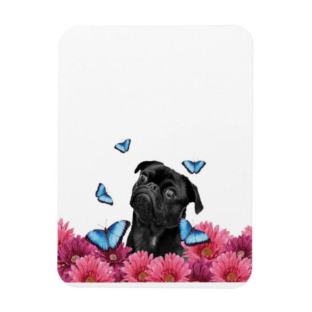 Imán Mariposas Pug Gerbera | Perro negro lindo (Vertical)