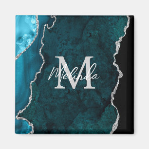 Imán Mármol de Ágata Azul Teal y Plata