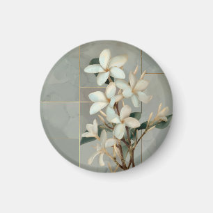 Imán Mármol de línea dorada con flores de magnolia blan