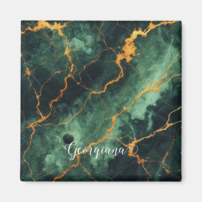 Imán Mármol de oro y verde del bosque otoñal personaliz (Frente)