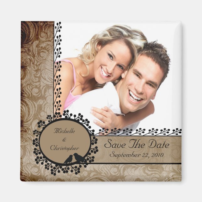 Imán Marrón Damask Love Birds Foto Save the Date Magnet (Frente)