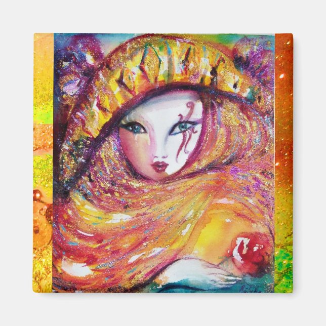 IMÁN MÁSCARA DE CARNAVAL EN AMARILLO ORO CON ROSA ROJA (Frente)