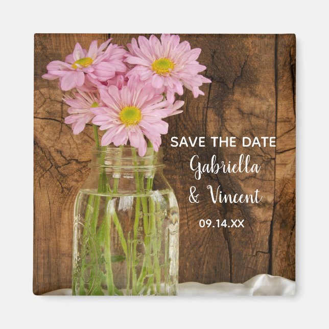 Imán Mason Jar Pink Daisies Barn Wedding Salva la fecha (Frente)