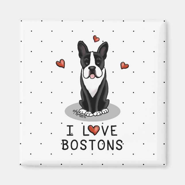 Imán Me encantan los Bostons Boston Terriers (blanco y  (Frente)