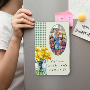 Imán Mejor foto de mamá con gingham verde y narcisos en