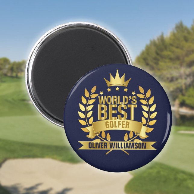 Imán Mejor Golfista del Mundo Azul Marino y Dorado 5 Es (World's Best Golfer Navy Blue And Gold 5 Star Magnet)