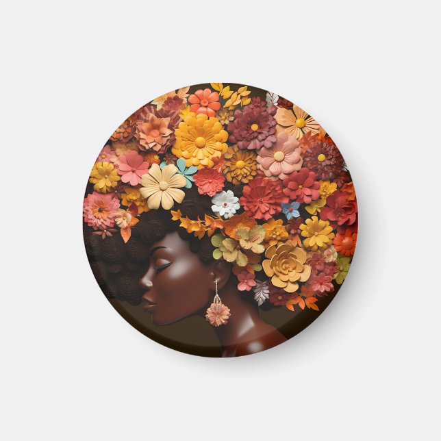 Imán Melanin Mujer Reina Negra Flor Floral 3D Afro (Frente)