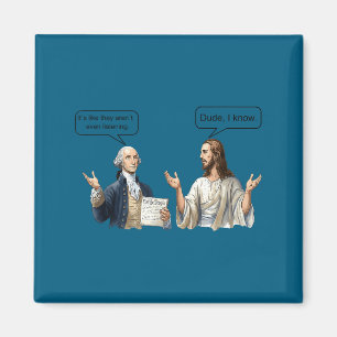 Imán meme de discusión de George Washington y Jesucrist