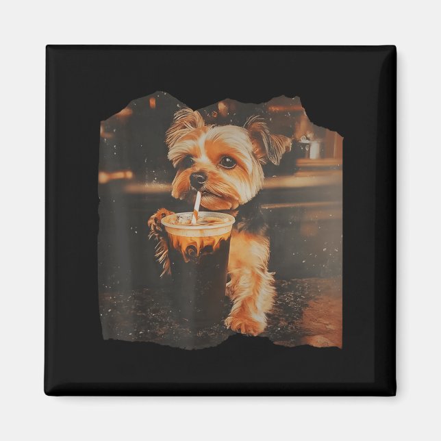 Imán Meme de perro lindo Yorkie divertido bebiendo café (Frente)