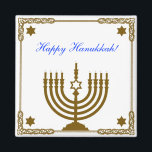 Imán Menorá dorado<br><div class="desc">Magnet cuadrado con una imagen de una menorah de oro en un marco dorado con las Estrellas de oro de David y un sentimiento de vacaciones de personalizable azul. Vea toda la colección del imán Hanukkah en la sección VACACIONES.</div>