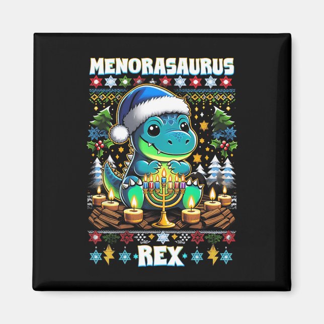 Imán Menorasaurus Rex Dino Trex Suéter Feo de Navidad  (Frente)