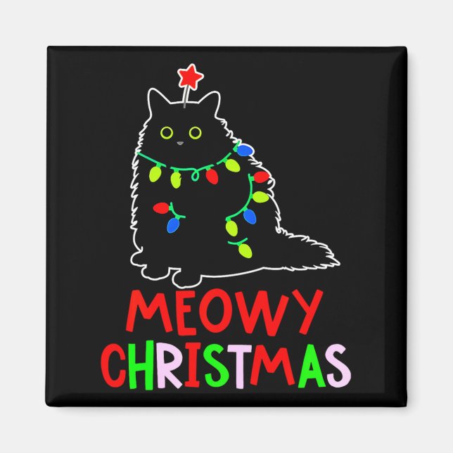 Imán Meowy Christmas Xmas Lights Black Cat Pajamas  (Frente)