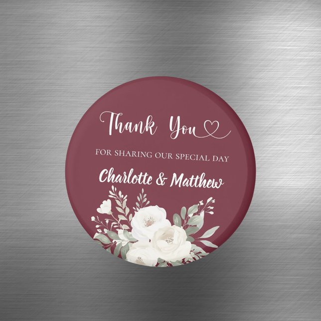 Imán Merlot burgundy white florals thank you wedding (Subido por el creador)