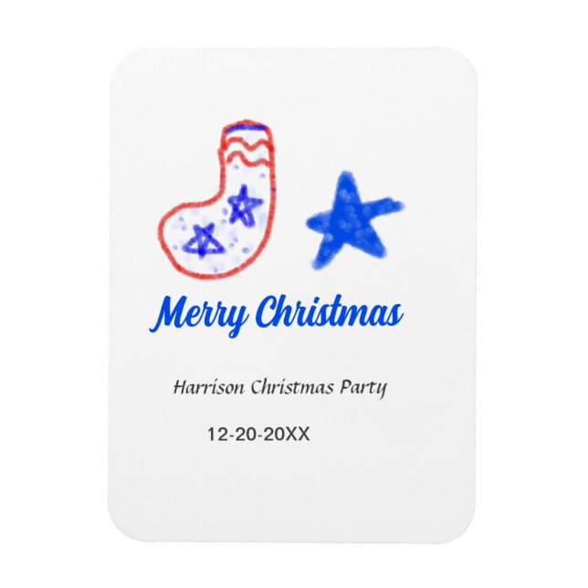 Imán Merry Christmas blue star red stockings name date  (Vertical)