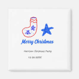 Imán Merry Christmas blue star red stockings name date 