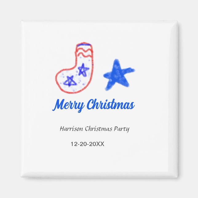 Imán Merry Christmas blue star red stockings name date  (Frente)