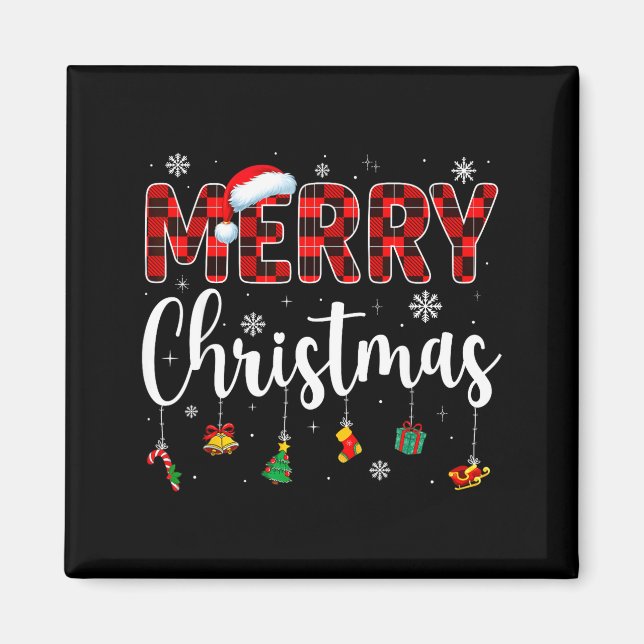 Imán Merry Christmas Buffalo Plaid Red Santa Family Xma (Frente)