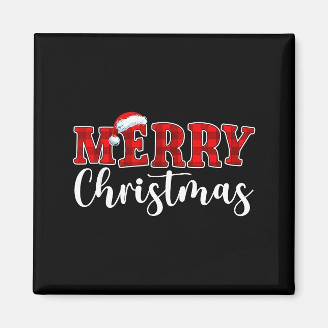 Imán Merry Christmas Buffalo Plaid Red Santa Hat Xmas P (Frente)