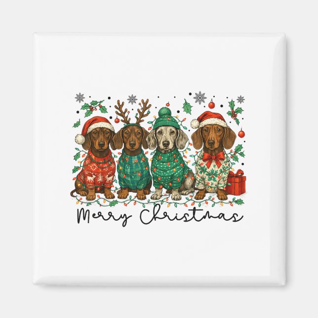 Imán Merry Christmas Dachshund Dog Retro Xmas Puppy Men (Frente)