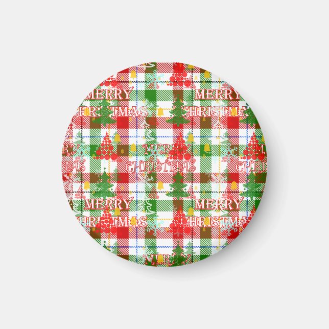 Imán Merry Christmas Decorated Plaid Tartán (Frente)