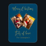 Imán Merry Christmas Gold Photo Name Blue Magnet<br><div class="desc">Tarjeta de vacaciones de gran imán para mantener el placer y la fiesta para tu familia y amigos. Un gran regalo para la abuela y el abuelo.</div>