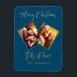 Imán Merry Christmas Gold Photo Name Blue Magnet<br><div class="desc">Tarjeta de vacaciones de gran imán para mantener el placer y la fiesta para tu familia y amigos. Un gran regalo para la abuela y el abuelo.</div>