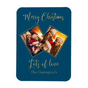 Imán Merry Christmas Gold Photo Name Blue Magnet