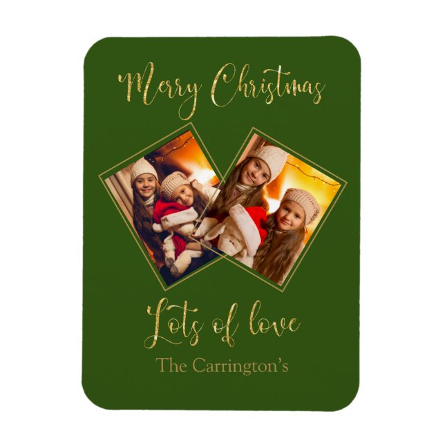 Imán Merry Christmas Gold Photo Name Green Magnet (Vertical)