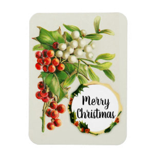 Imán Merry Christmas Holly Berries Vintage Gift Magnet