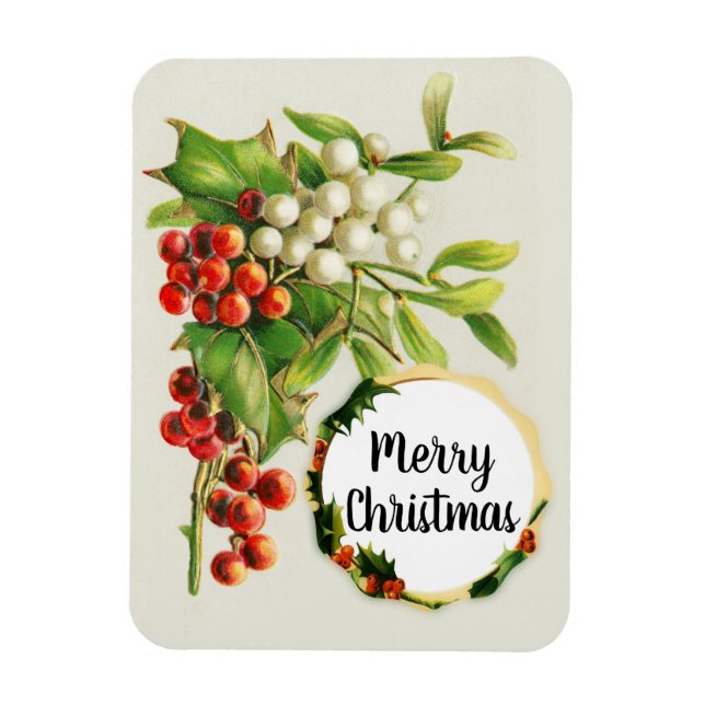 Imán Merry Christmas Holly Berries Vintage Gift Magnet (Vertical)