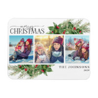 Merry Christmas Modern Holly Berry Photo Magnet