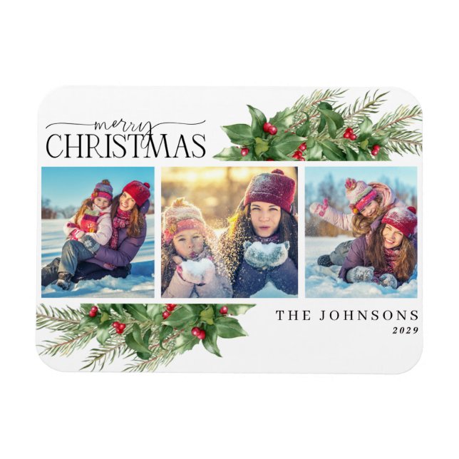 Imán Merry Christmas Modern Holly Berry Photo Magnet (Horizontal)