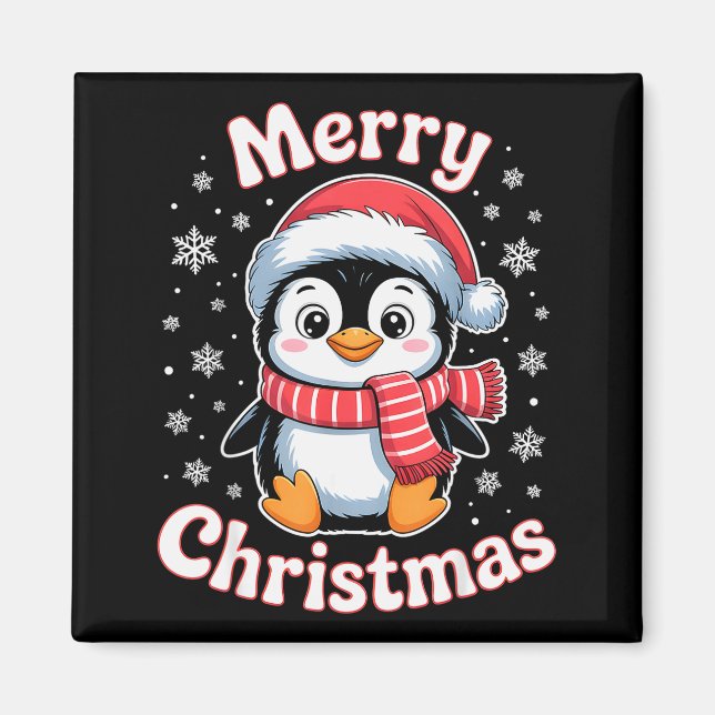 Imán Merry Christmas Penguin Cute Santa Hat Snowflake H (Frente)