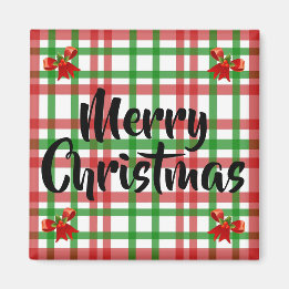 Imán Merry Christmas Plaid Red Bows Kitchen Magnet