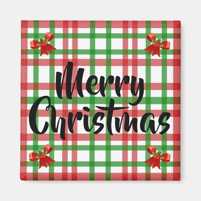 Imán Merry Christmas Plaid Red Bows Kitchen Magnet (Frente)