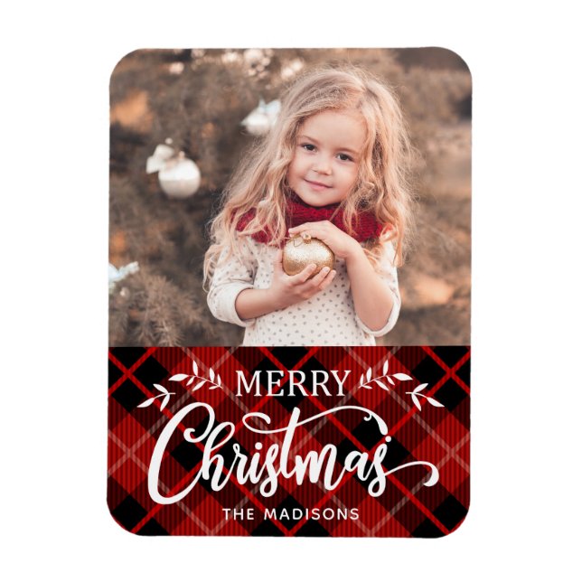 Imán Merry Christmas Red Black Plaid Photo Magner (Vertical)