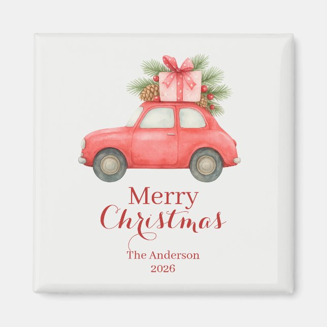 Imán Merry Christmas Red Car – Personalized Holiday  (Frente)