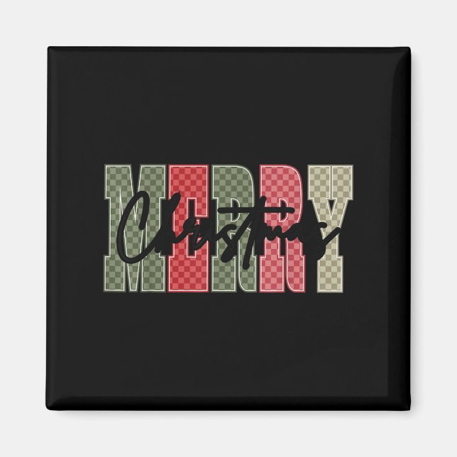 Imán Merry Christmas Red Green Plaid Checkered Xmas Gir (Frente)